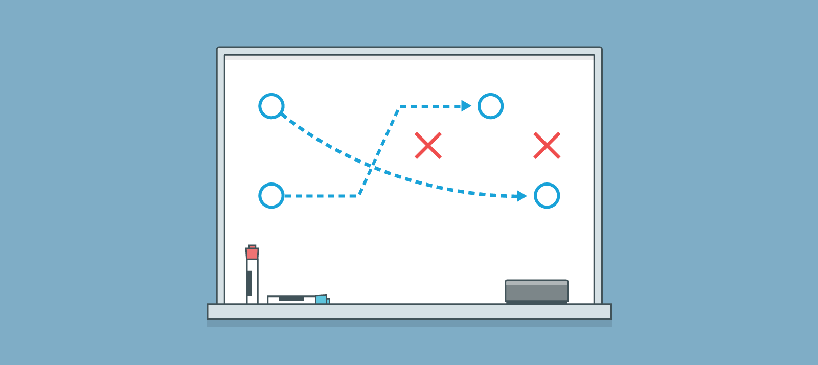 Illustration of a whiteboard featuring a diagram of arrows, meant to evoke a coach's football play, along with two whiteboard pens and an eraser. By me.